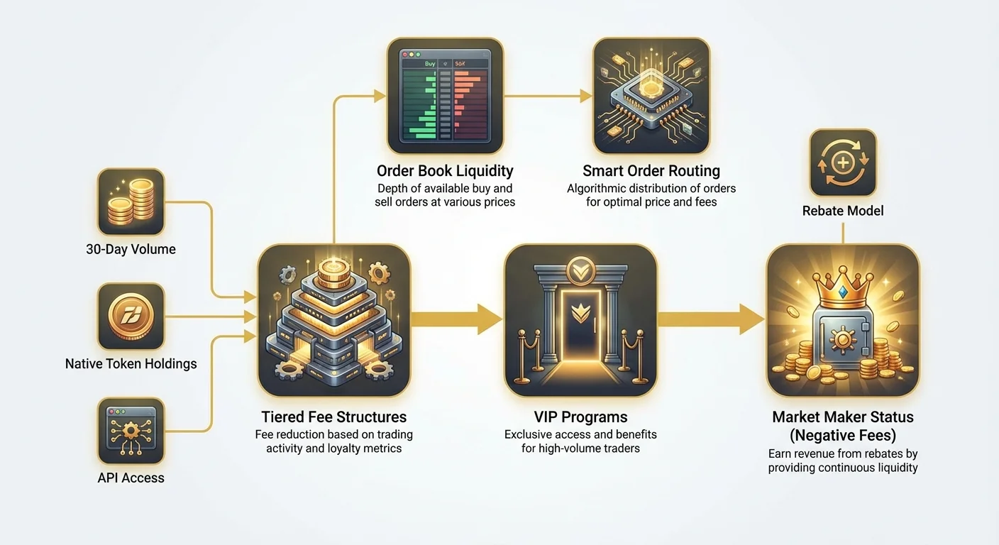 Detailed infographic breaking down trading volume, token holdings, API access, fee tiers, VIP programs leading to market maker status and negative fee rebates on crypto exchanges.