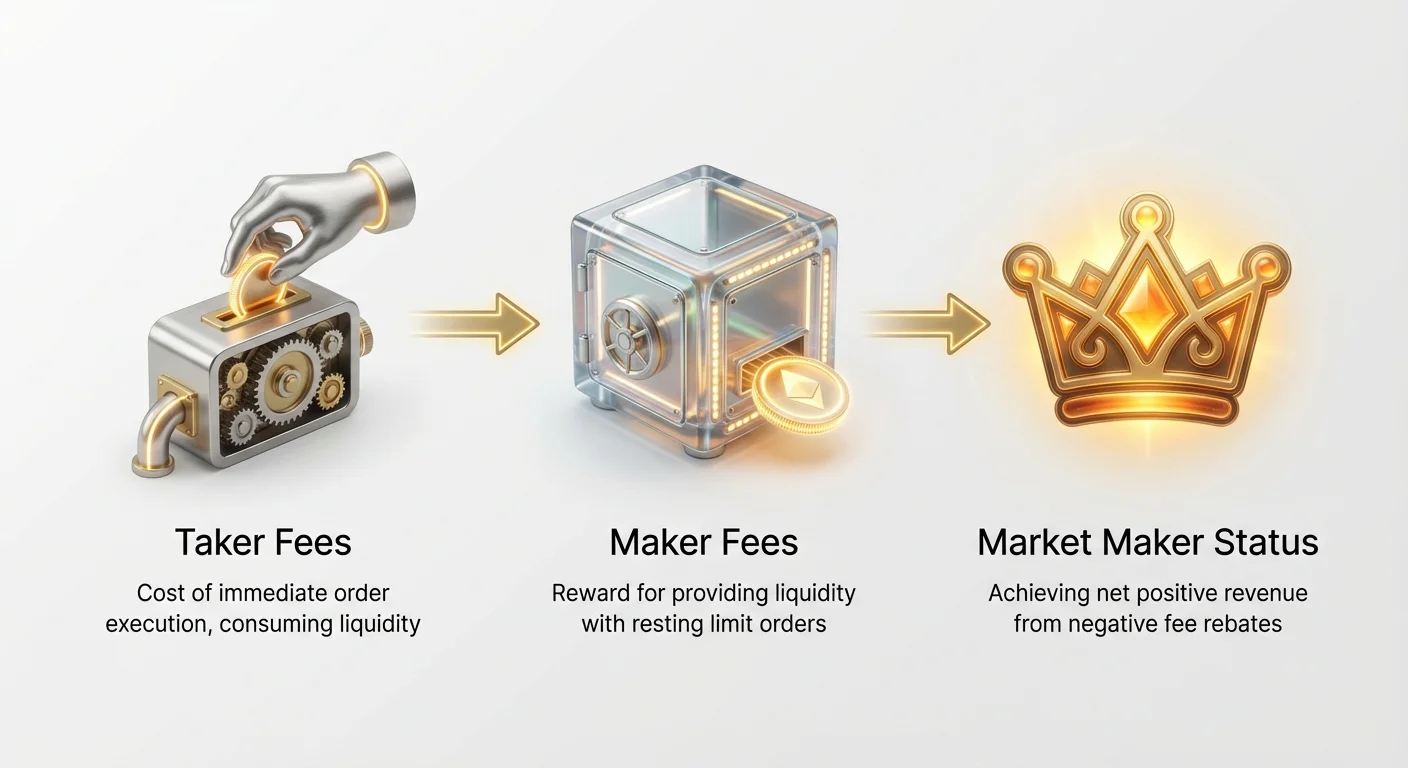 High-level infographic illustrating progression from cost-incurring taker fees to revenue-generating market maker status in crypto exchanges.