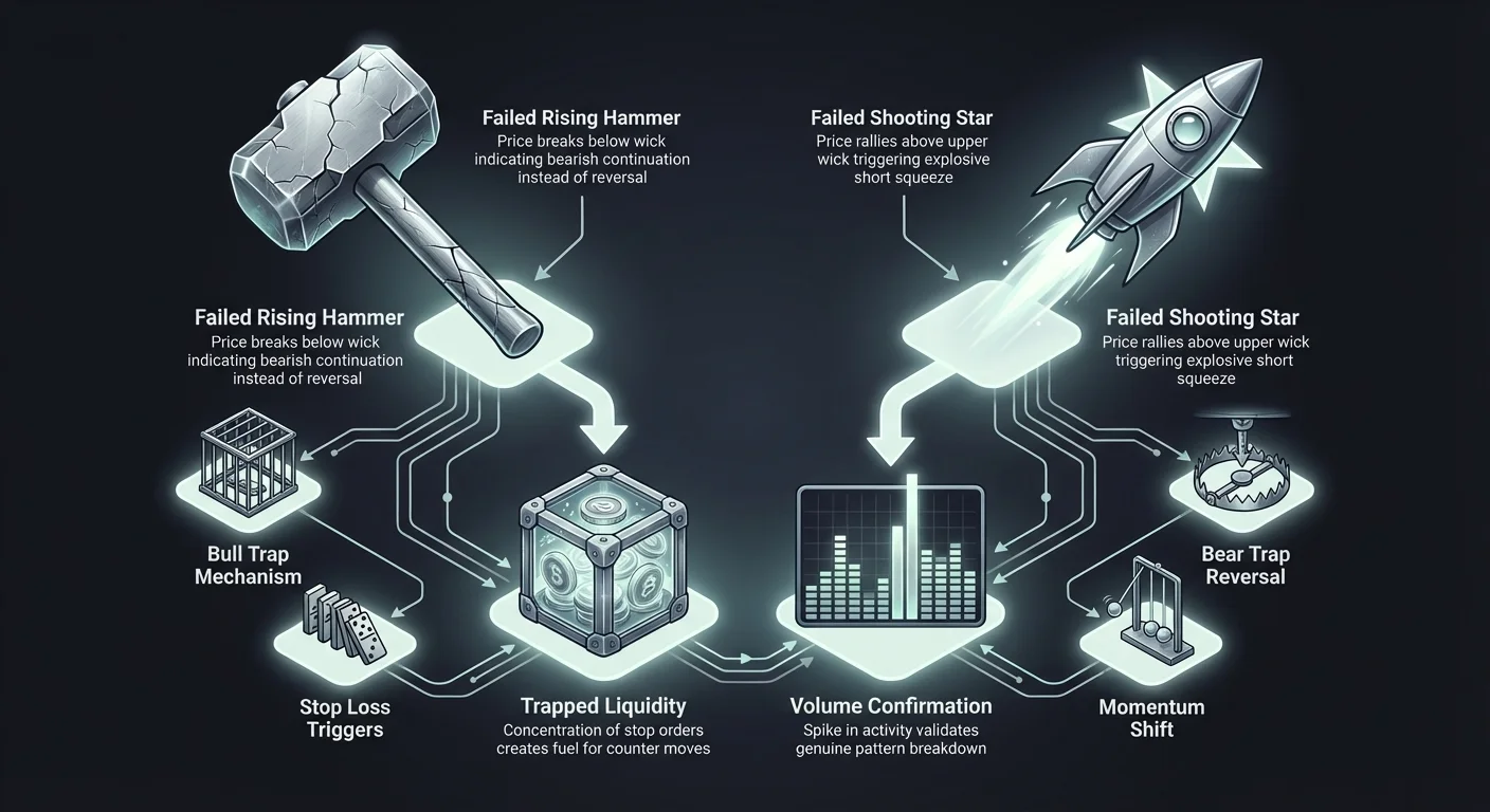 Detailed infographic comparing failed rising hammer and shooting star patterns, showing trapped liquidity, volume confirmation, stop loss triggers, bull and bear traps, and momentum shifts.
