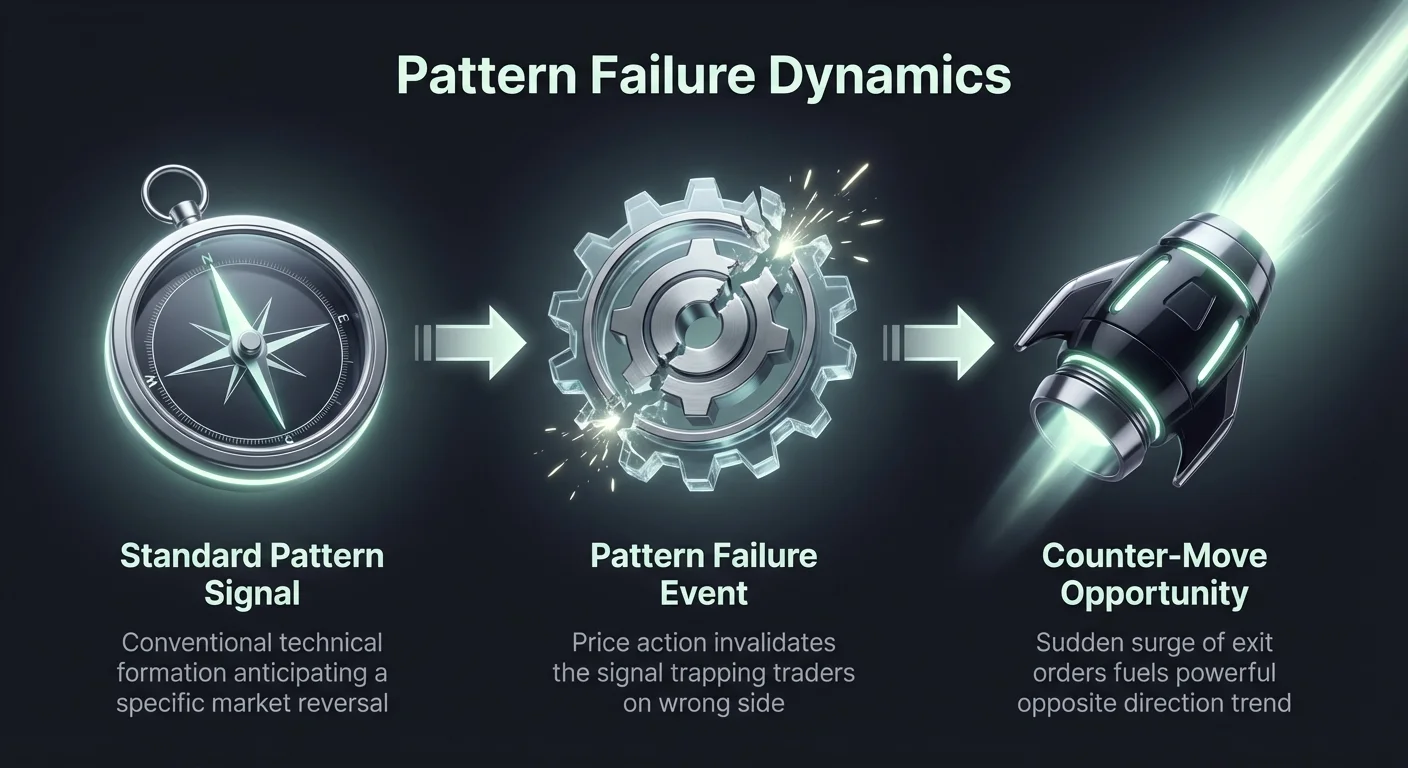 Infographic overview showing progression from standard trading pattern signal, to failure trapping traders, to counter-move opportunity fueled by exit orders surge.