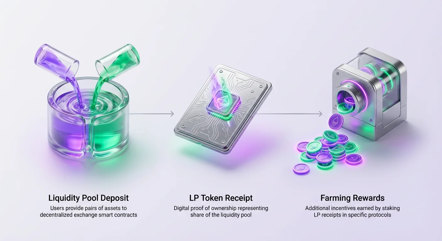 Infographic depicting the three-step yield farming process: deposit assets into liquidity pool, receive LP token receipt, stake to earn farming rewards.