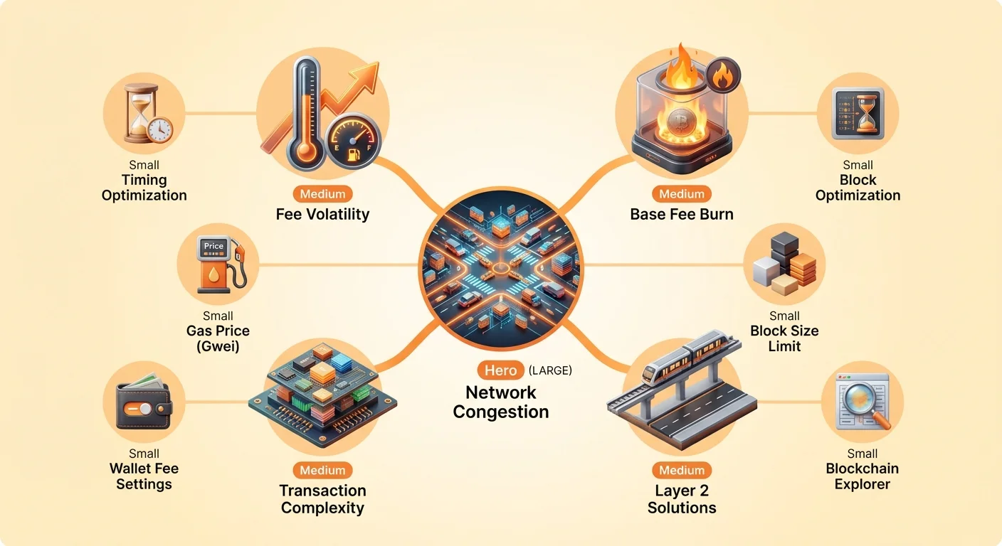 Hub-and-spoke infographic on pale cream background with central Network Congestion connected to Fee Volatility, Base Fee Burn, Transaction Complexity, Layer 2 Solutions, and details like Gas Price and Block Size Limit.