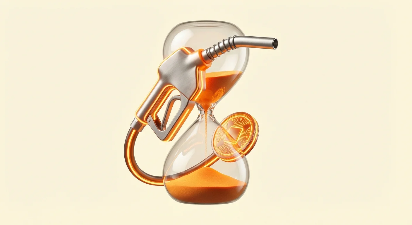 Photorealistic hourglass intertwined with glowing fuel pump nozzle filling a stylized cryptocurrency coin, symbolizing time, congestion, fees, and value in blockchain networks.