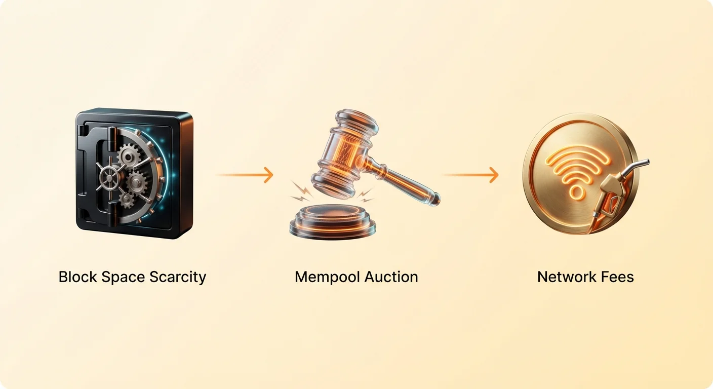Simple overview infographic of cryptocurrency fee market: block space scarcity leads to mempool auction, resulting in network fees. Three horizontal icons connected by flow lines on pale cream background.