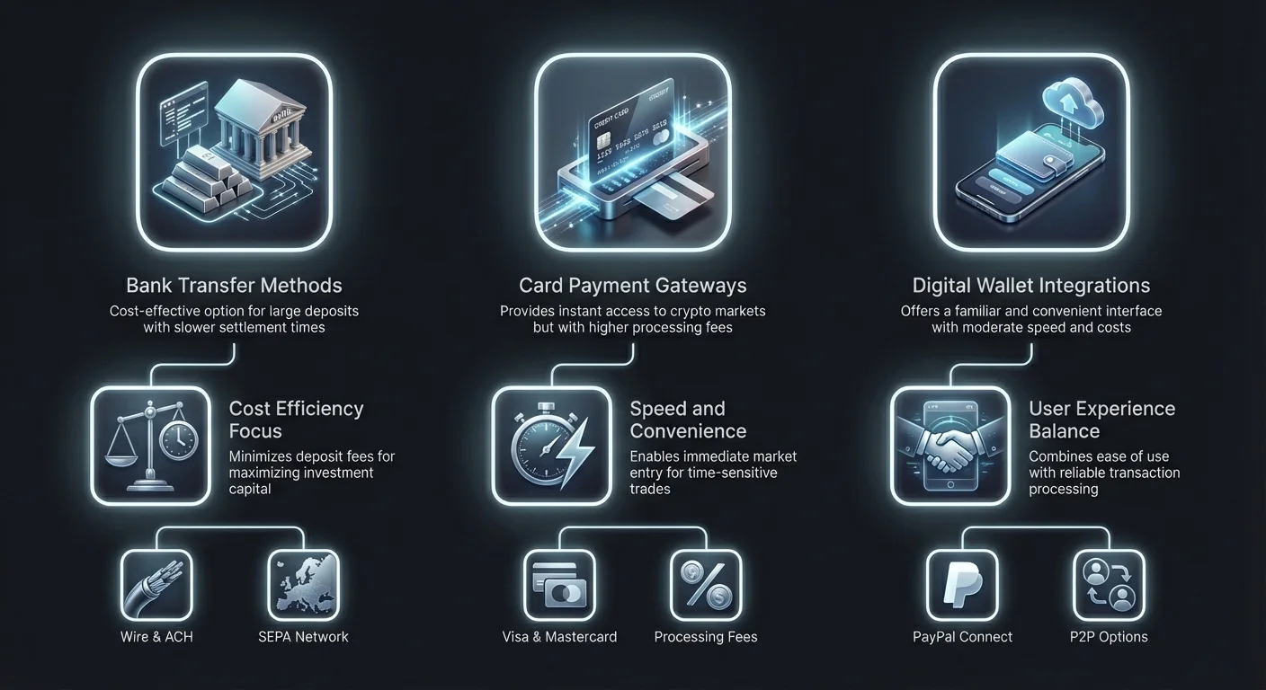 Infographic comparing fiat on-ramp methods: bank transfers, card payments, and digital wallets, highlighting cost efficiency, speed, and user experience.