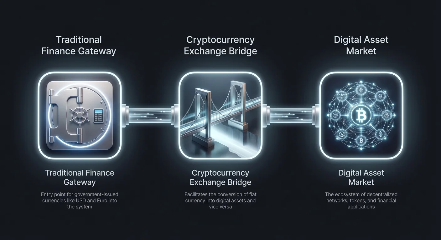 Minimalist hero image illustrating the flow of value from traditional finance through an exchange bridge into the digital asset market, symbolizing fiat-to-crypto conversion.