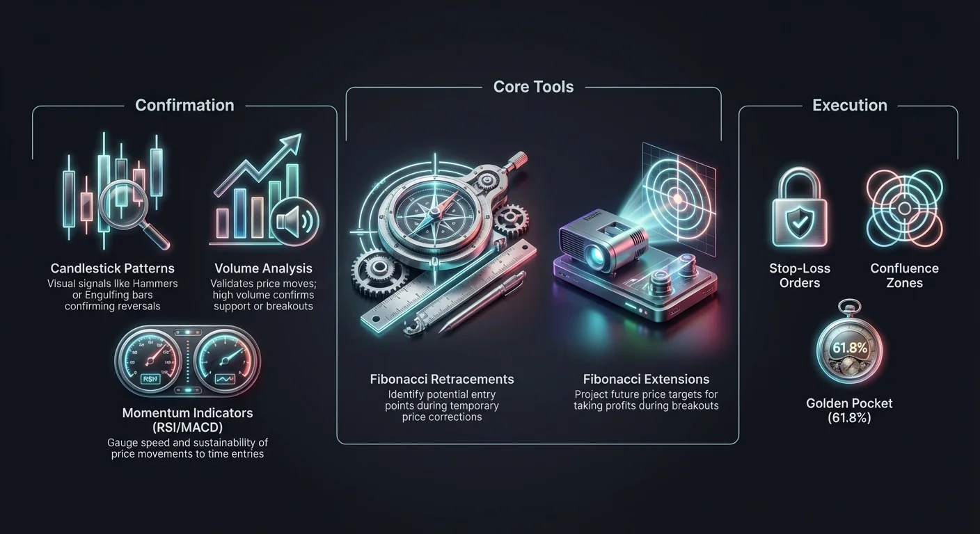 Detailed infographic of trader's toolkit for Fibonacci trading, organized into core tools, confirmation indicators, and execution strategies with visual hierarchy.
