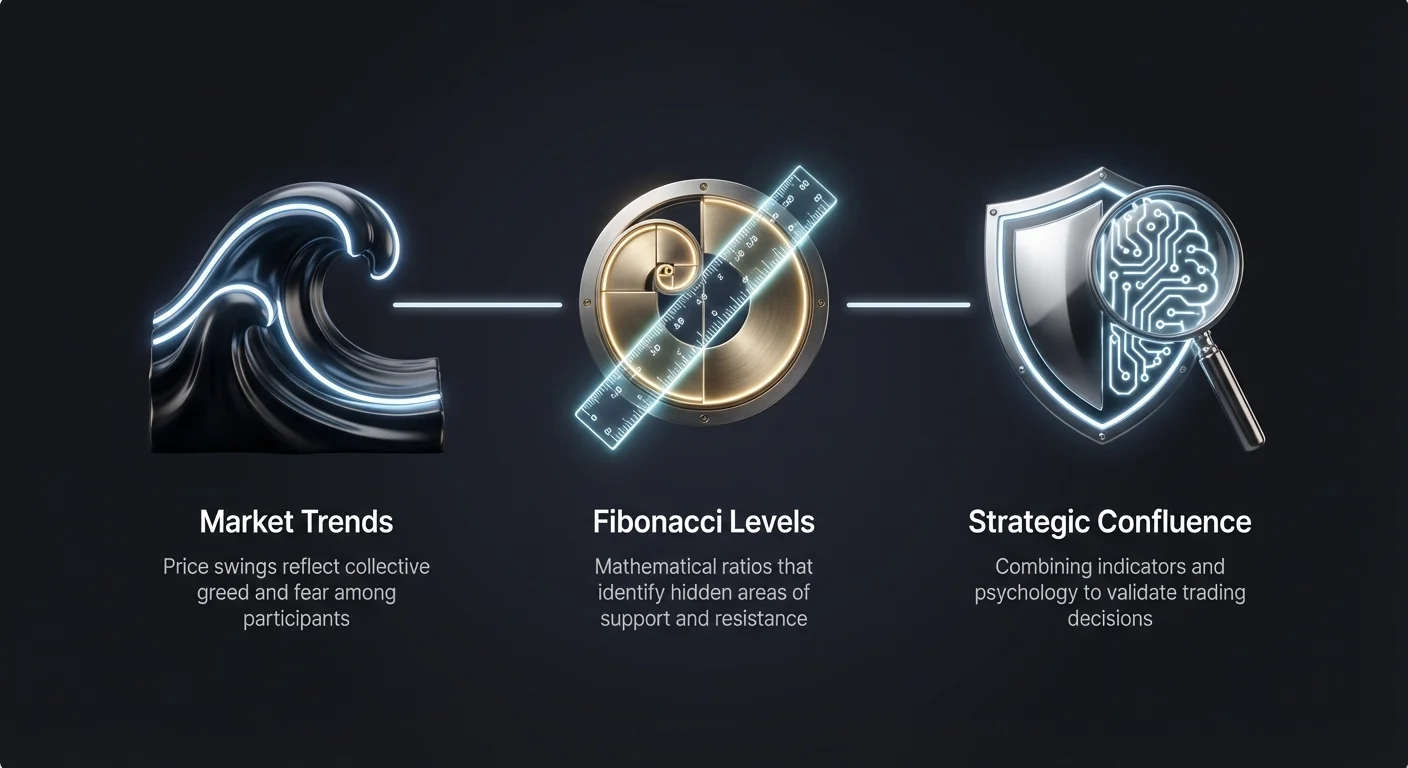 Infographic showing the Fibonacci trading workflow: from understanding market trends, applying retracement and extension tools, to confirming decisions with other indicators.