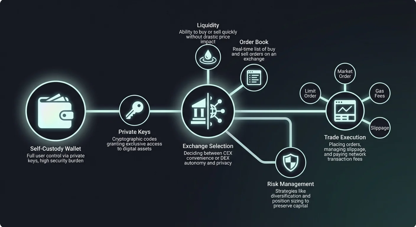 Detailed infographic illustrating granular steps, choices, and concepts for beginners executing their first cryptocurrency trade safely.