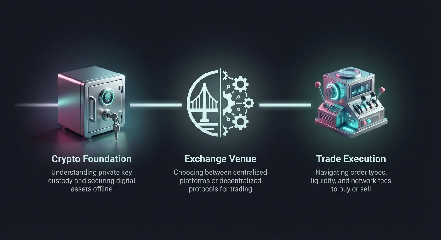 High-level infographic of beginner's cryptocurrency trading journey, from building a secure foundation to executing the first trade.