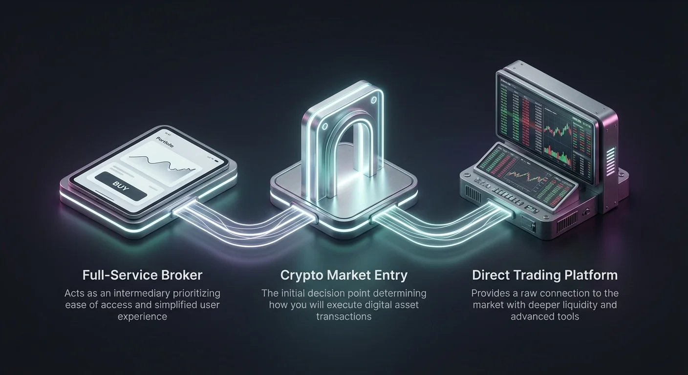 High-level infographic summarizing choice between full-service crypto brokers and direct trading platforms as crypto market entry points, with three connected nodes.