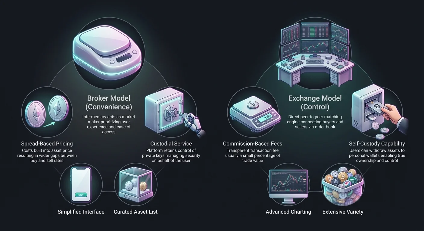 Side-by-side infographic comparing full-service crypto brokers and direct trading platforms, contrasting pricing, custody, interfaces with visual metaphors and descriptions.
