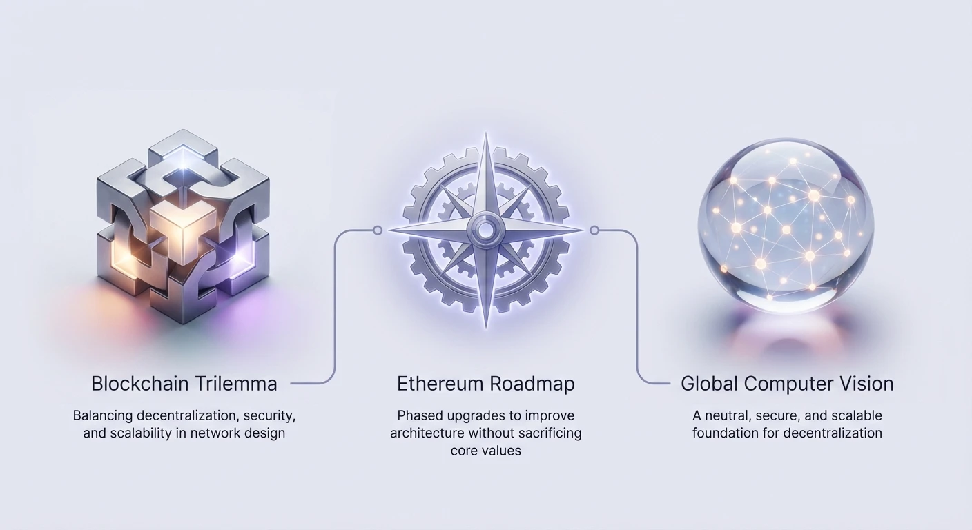 Infographic showing Blockchain Trilemma balancing decentralization security scalability, Ethereum Roadmap phased upgrades preserving core values, and Global Computer Vision neutral secure scalable foundation.