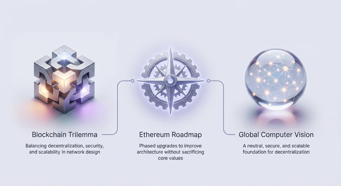 Infographic showing Blockchain Trilemma balancing decentralization security scalability, Ethereum Roadmap phased upgrades preserving core values, and Global Computer Vision neutral secure scalable foundation.