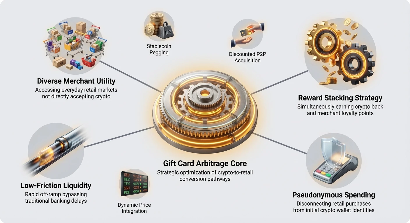 Infographic with central Gift Card Arbitrage Core hub linked to Reward Stacking Strategy, Low-Friction Liquidity, Pseudonymous Spending, Diverse Merchant Utility, Stablecoin Pegging, P2P Acquisition, and Dynamic Price Integration.