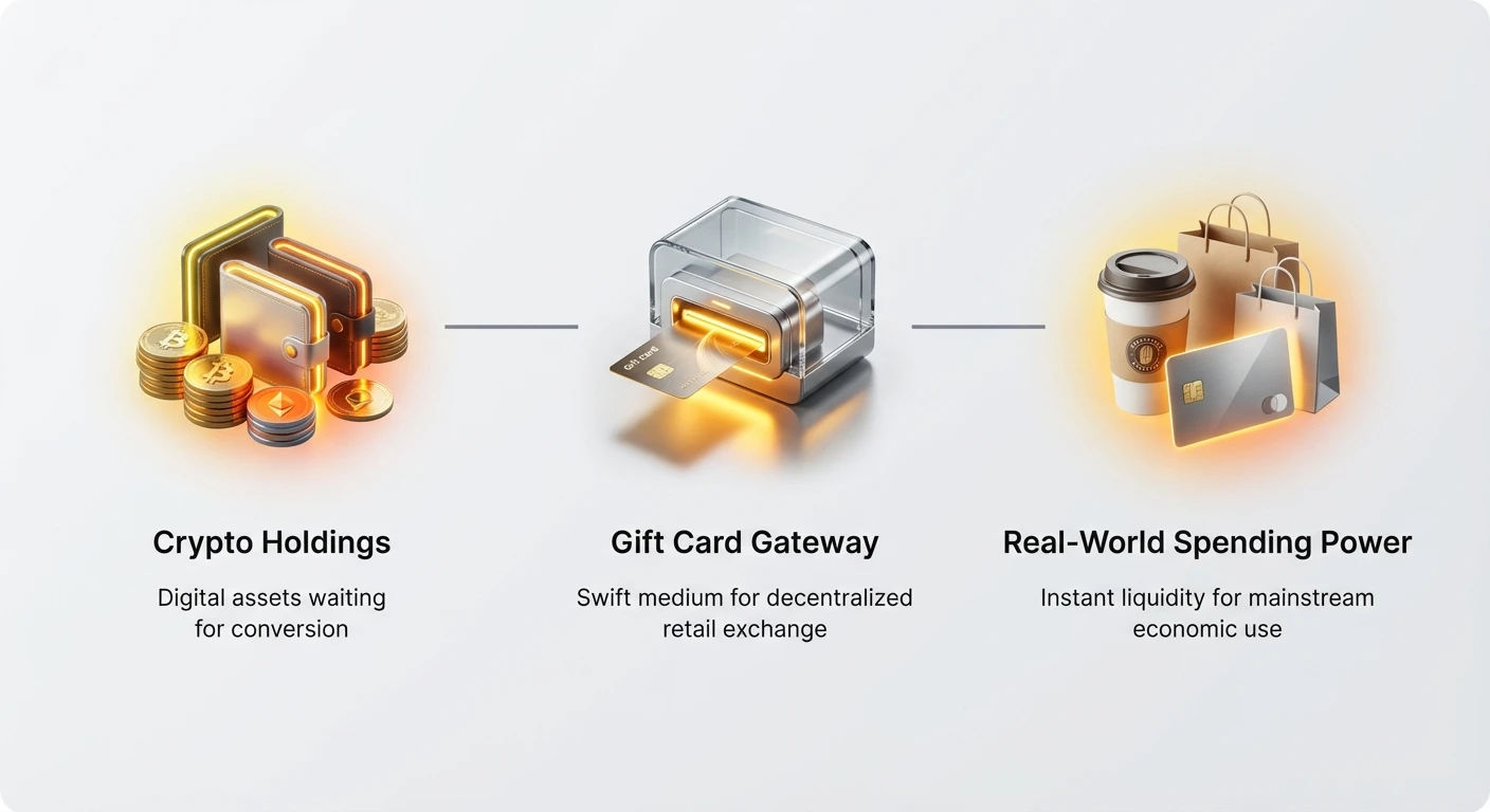 Infographic flowchart showing gift card arbitrage process: Crypto Holdings to Gift Card Gateway to Real-World Spending Power for instant liquidity.