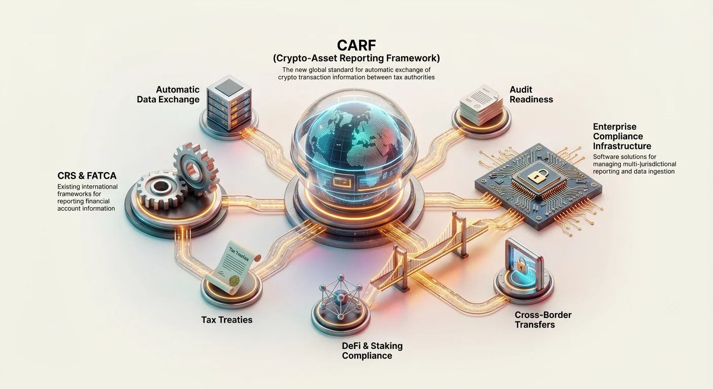 Detailed hub-and-spoke diagram illustrating CARF standard connecting to CRS and FATCA, plus challenges like DeFi, staking, and cross-border transfers for global digital asset tax compliance.