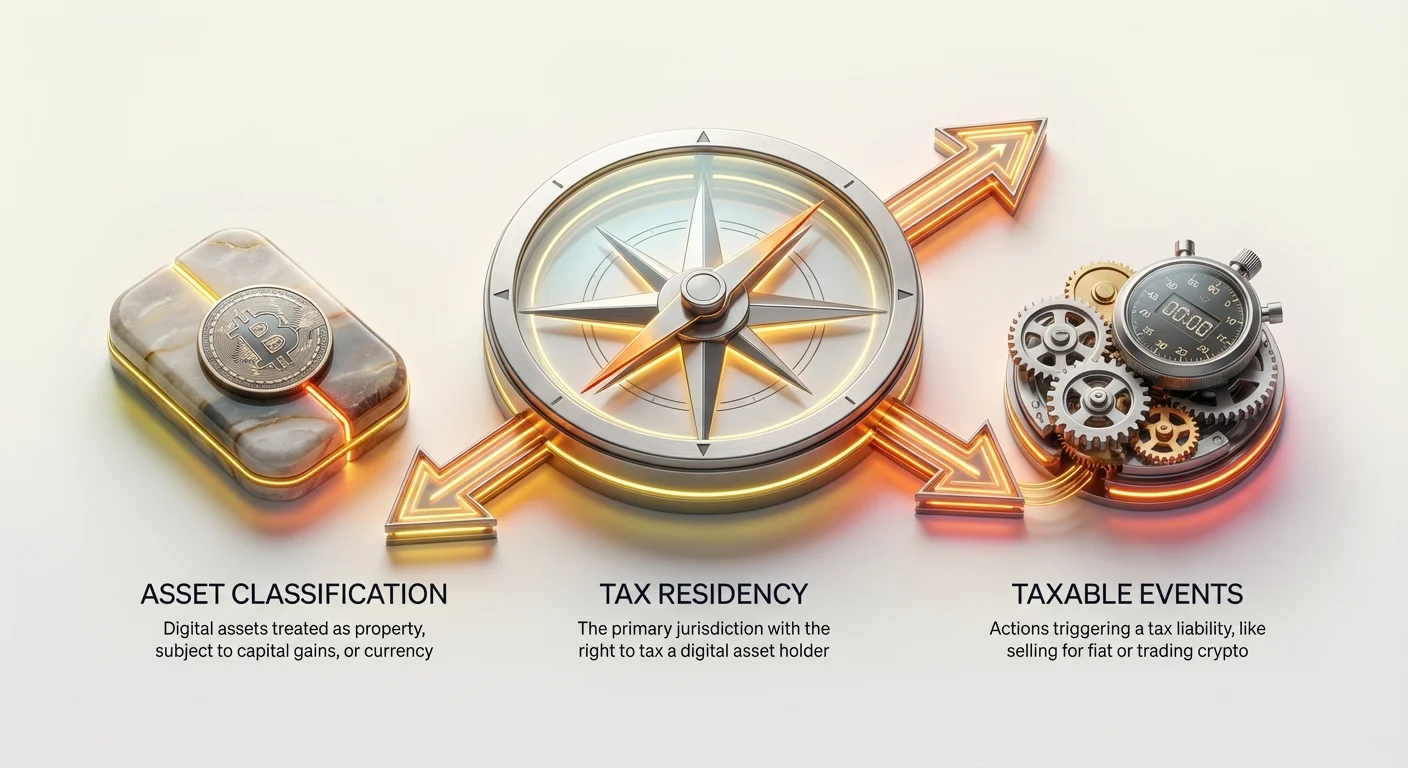 Minimal infographic summarizing crypto taxation basics: defining digital assets, identifying taxable events like sales and trades, and determining tax residency for global compliance.