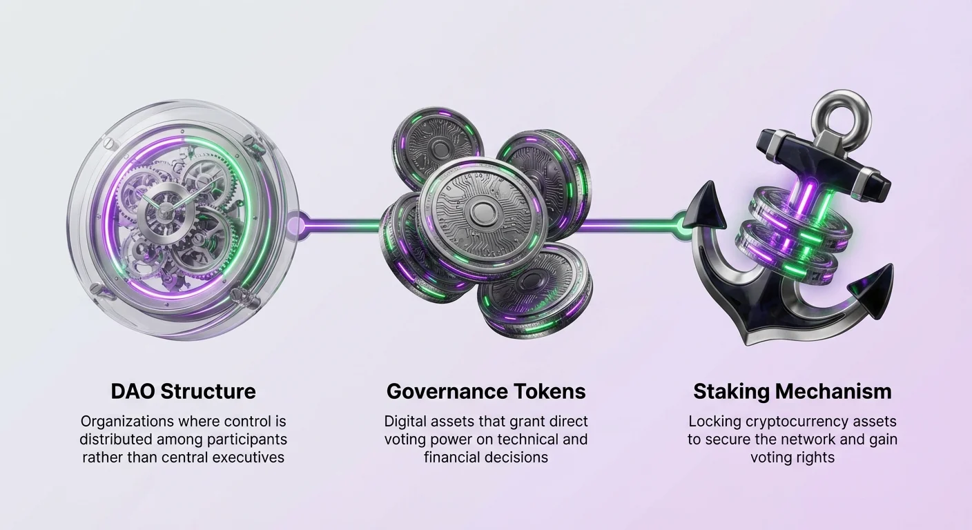 High-level infographic illustrating flow from DAO structure to governance tokens and staking mechanism securing power in decentralized systems.