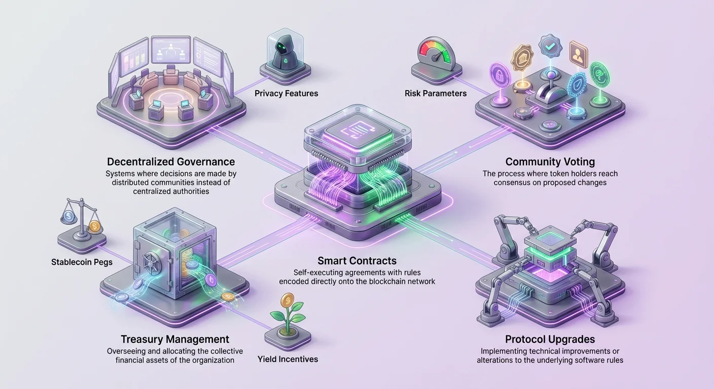 Hub-and-spoke infographic with smart contracts at the center powering decentralized governance ecosystem, featuring voting, treasury management, protocol upgrades, and other key components.