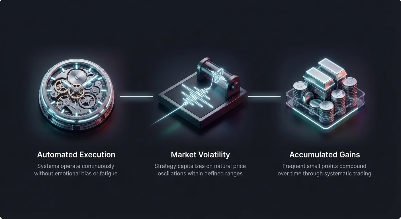 Simple overview infographic titled 'Core Principles of Grid Trading,' illustrating fundamental concepts of automated systems that capitalize on market volatility to accumulate gains over time.