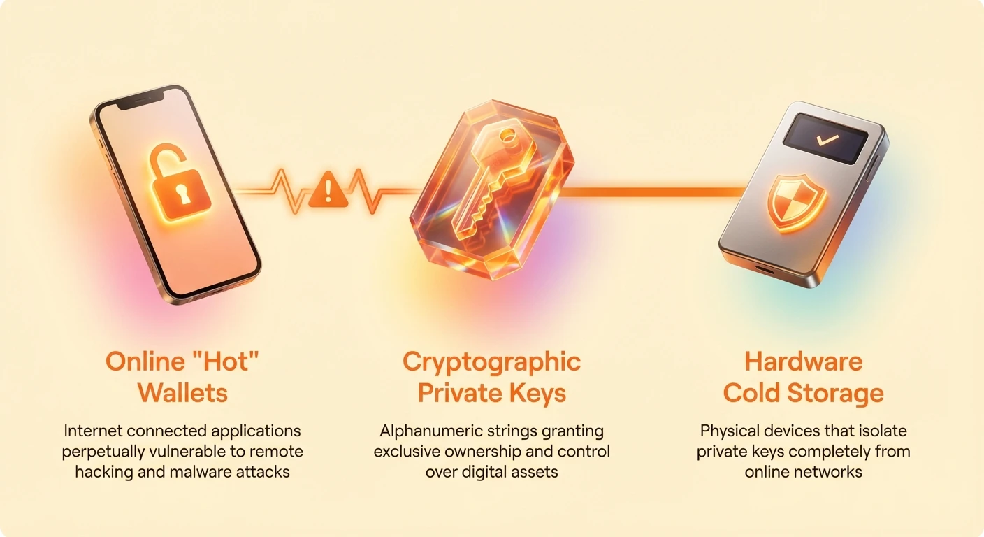Infographic overview contrasting vulnerable online hot wallets, cryptographic private keys for asset control, and secure hardware cold storage isolating keys from networks.