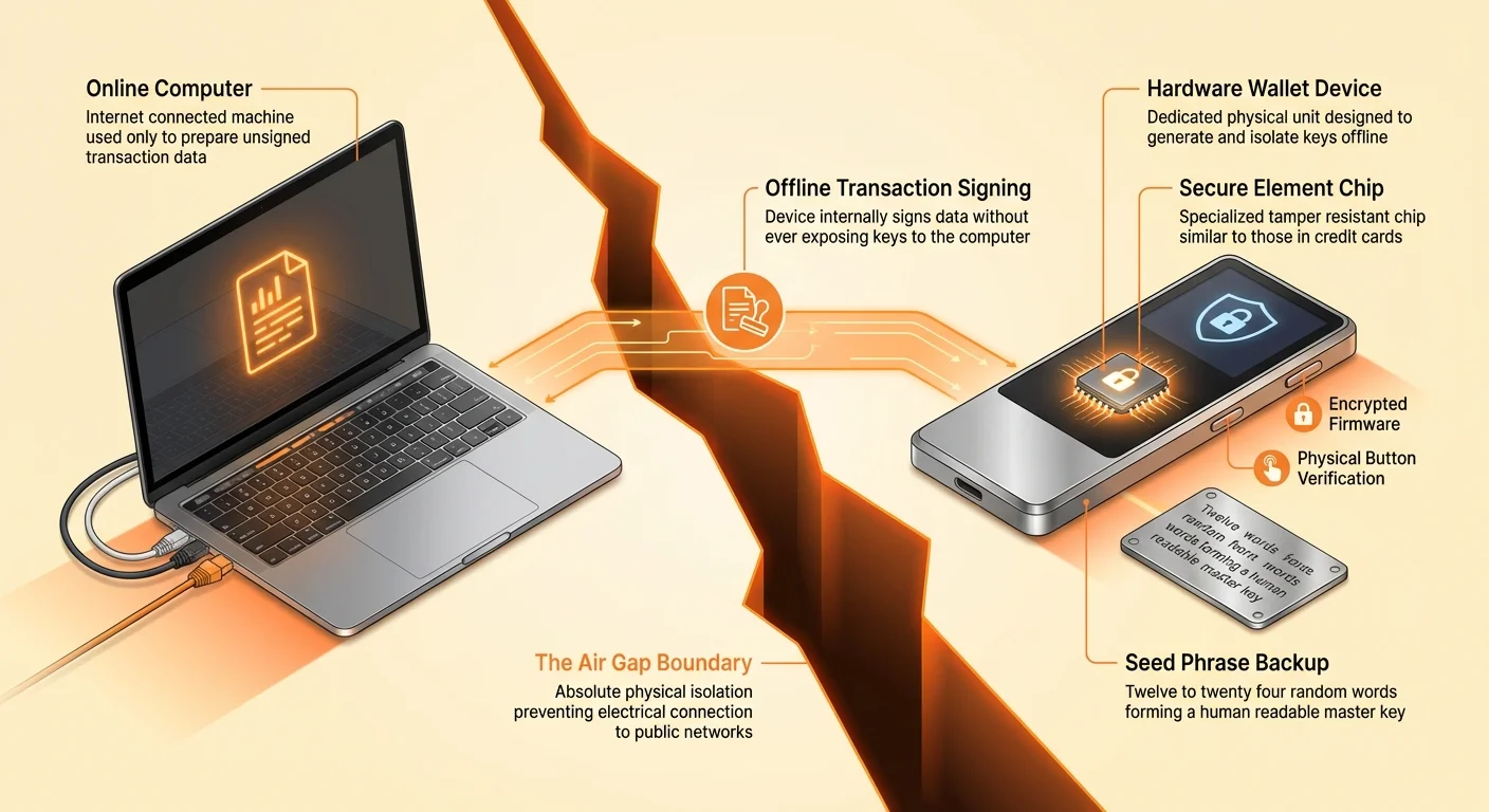 Infographic depicting hardware wallet process: online computer prepares unsigned transactions, air gap isolates from offline device that signs using secure chip, seed backup, encrypted firmware, and button verification.