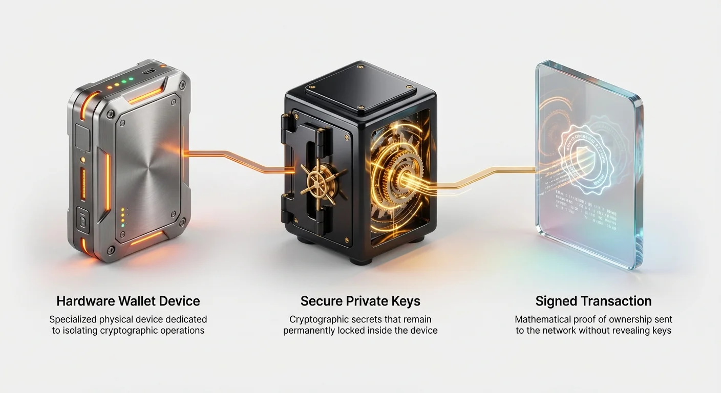 Diagram of hardware wallet device isolating secure private keys inside to generate signed transaction proof without exposing secrets to the network.