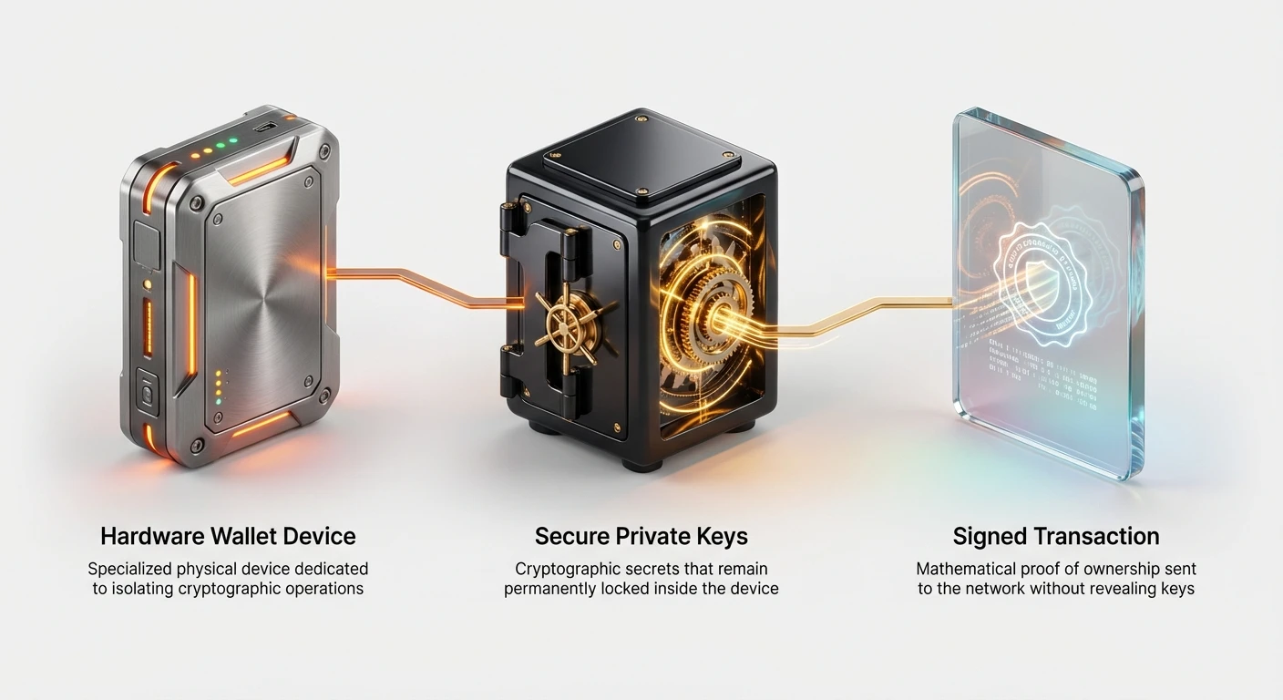 Diagram of hardware wallet device isolating secure private keys inside to generate signed transaction proof without exposing secrets to the network.