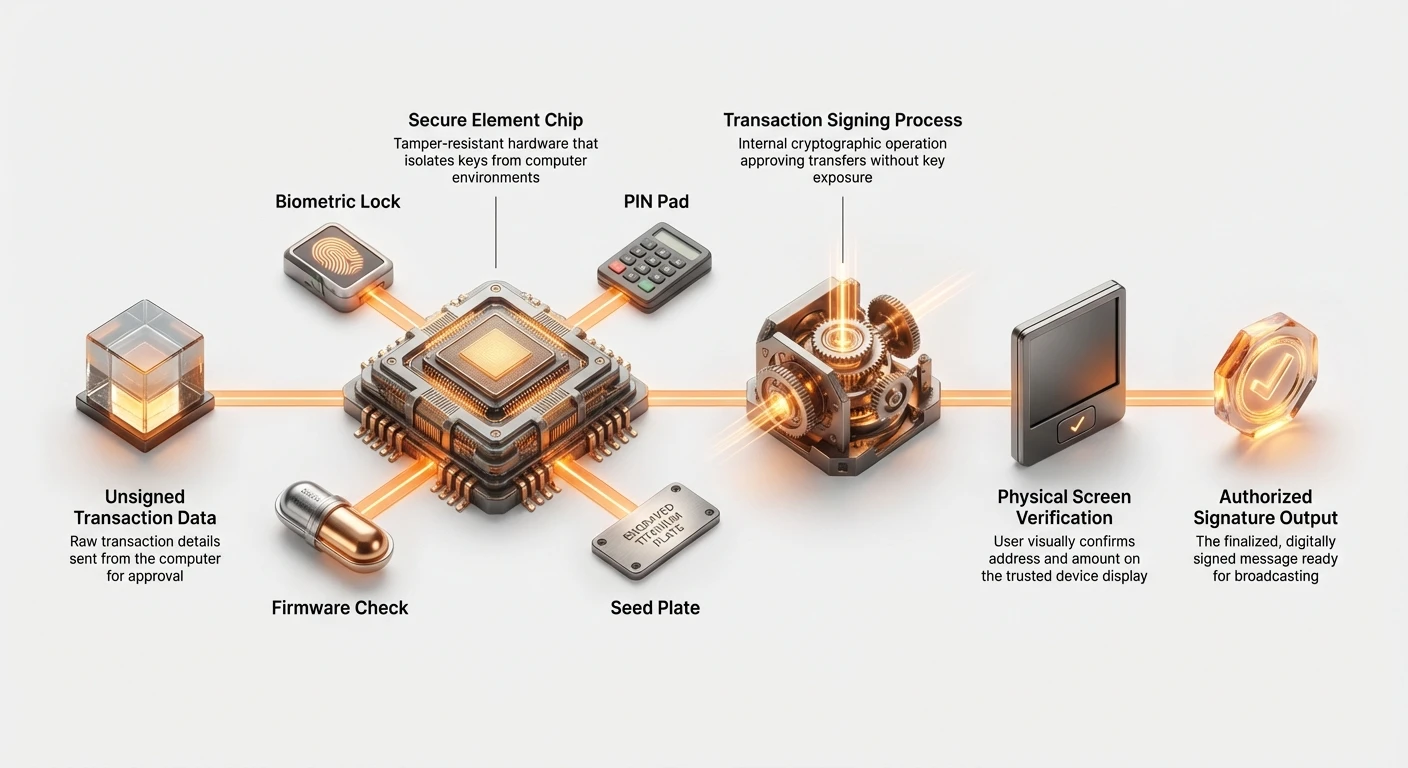 Infographic flowchart of hardware wallet signing ceremony: unsigned transaction input to secure element processing with PIN, biometrics, firmware checks, user screen verification, and signed output.