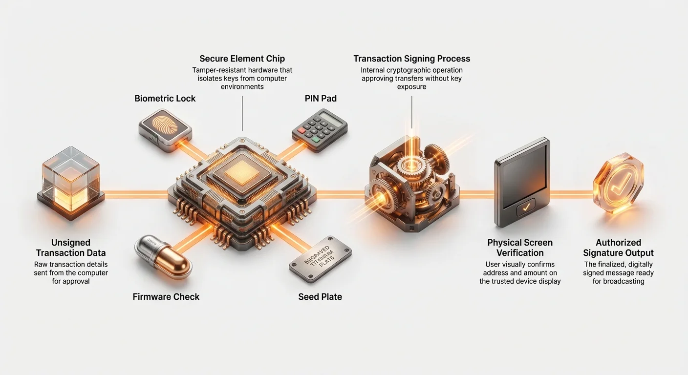 Infographic flowchart of hardware wallet signing ceremony: unsigned transaction input to secure element processing with PIN, biometrics, firmware checks, user screen verification, and signed output.