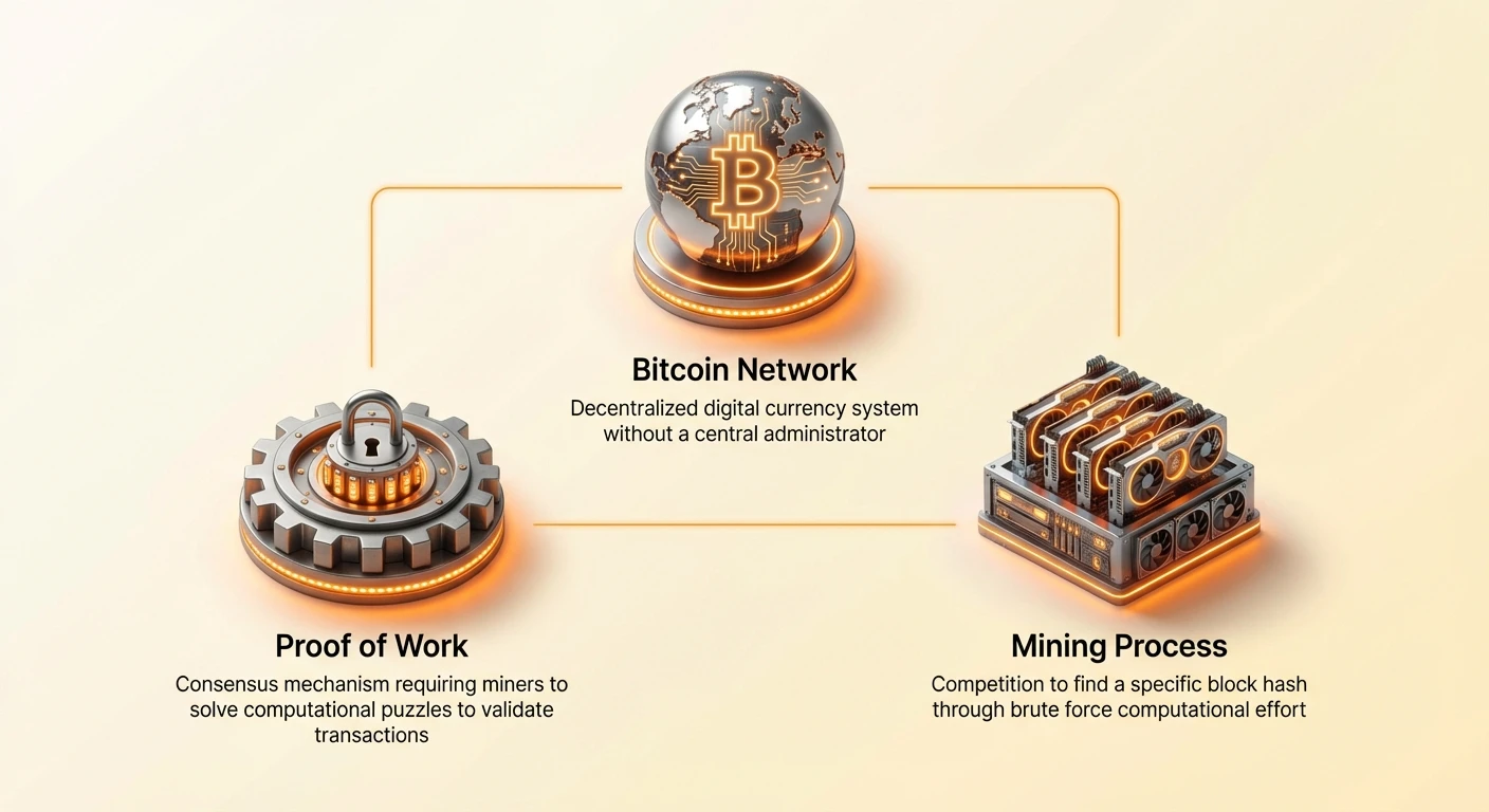 Simple infographic overview of Bitcoin network's foundational elements, featuring a clean minimal layout with three key nodes illustrating hashrate, difficulty adjustment, and basic structure.