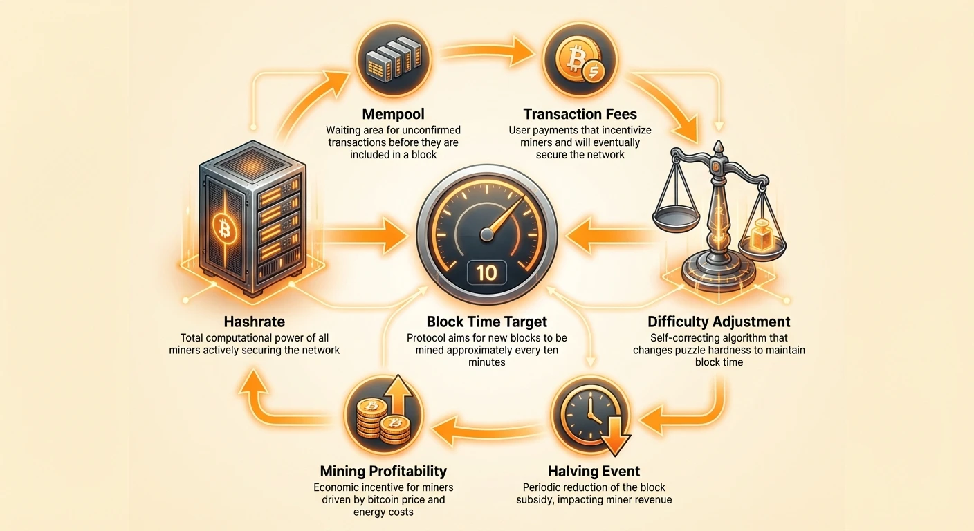 Detailed infographic showing Bitcoin's self-regulating system with a cyclical layout illustrating the feedback loop between hashrate, difficulty adjustment, and network stability factors.