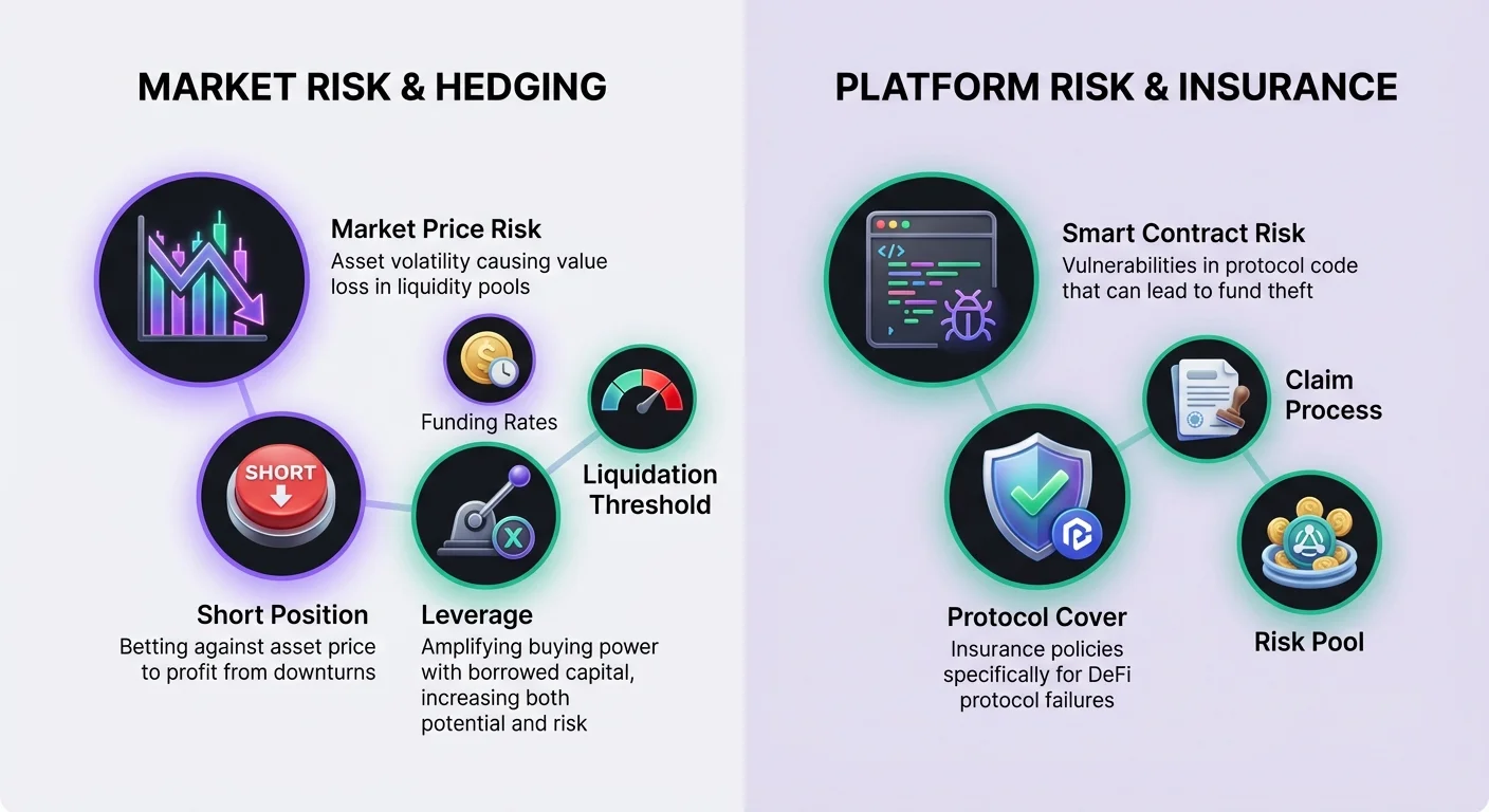 Detailed infographic split layout comparing market risk with hedging strategies like short positions, leverage, funding rates, and liquidation, versus platform risk with decentralized insurance, claim process, and risk pools.