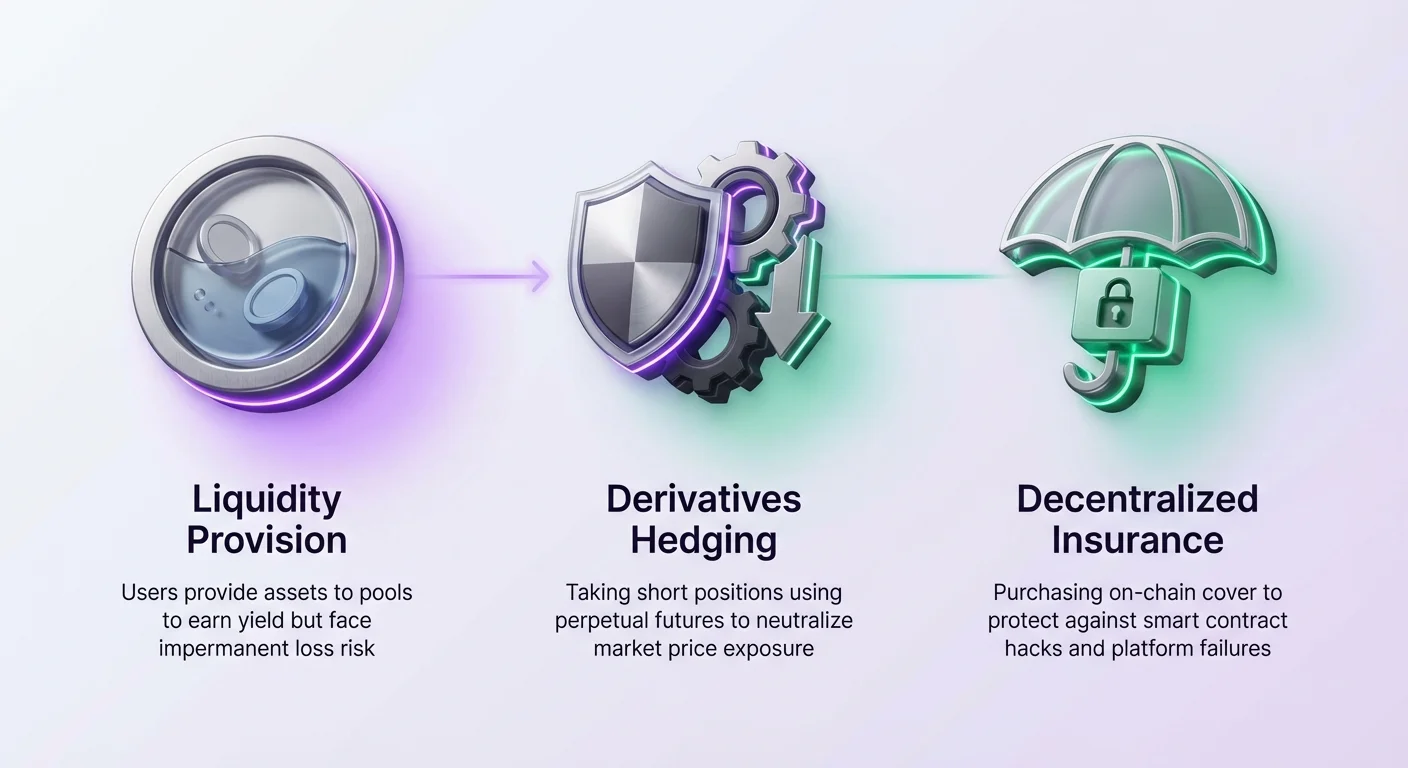 Infographic overview of liquidity provision risks and solutions: derivatives hedging neutralizes market price exposure, decentralized insurance protects against smart contract failures.