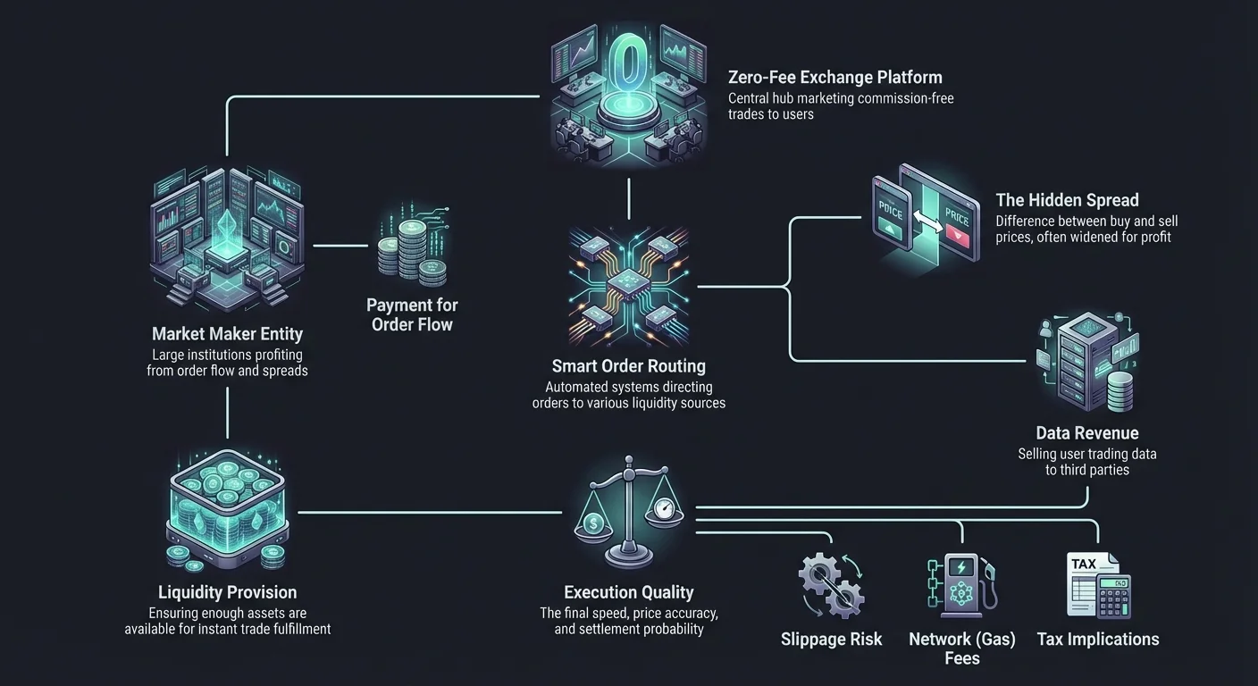 Complex diagram illustrating the ecosystem of a zero-fee cryptocurrency exchange, with backend processes like market making, data monetization, and widened spreads replacing explicit commissions.