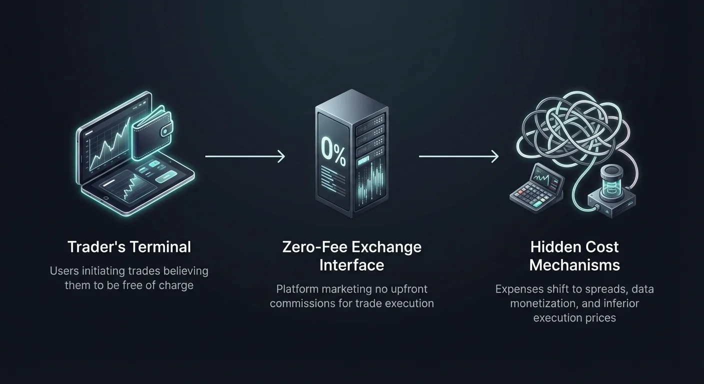 Infographic depicting user's journey from attraction to zero-fee crypto platform to realizing hidden costs in trading.