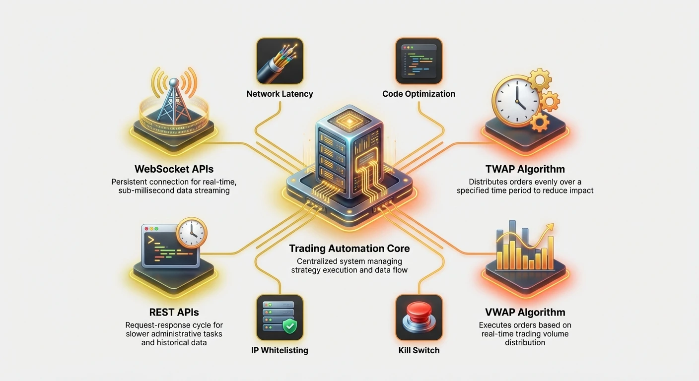 Infographic illustrating the automated trading ecosystem with central core logic, API types, TWAP and VWAP algorithms, network latency, code optimization, and security measures.