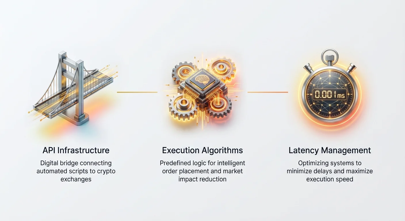 High-level infographic illustrating the three core pillars of automated day trading: API infrastructure, execution algorithms, and latency management.