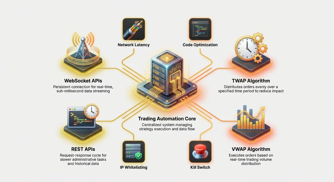 Infographic illustrating the automated trading ecosystem with central core logic, API types, TWAP and VWAP algorithms, network latency, code optimization, and security measures.