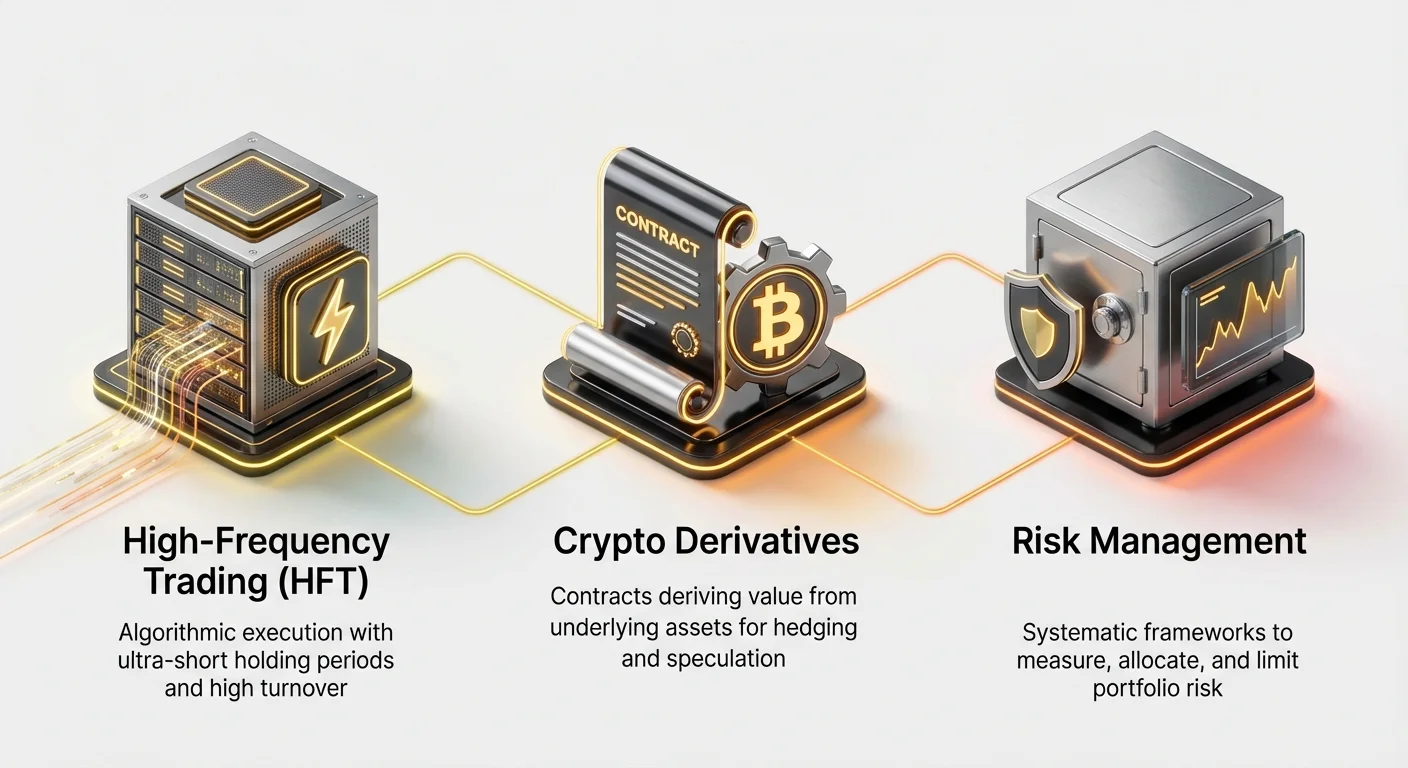 High-level overview of three core pillars of advanced trading: high-frequency execution, derivatives usage, and systematic risk management.