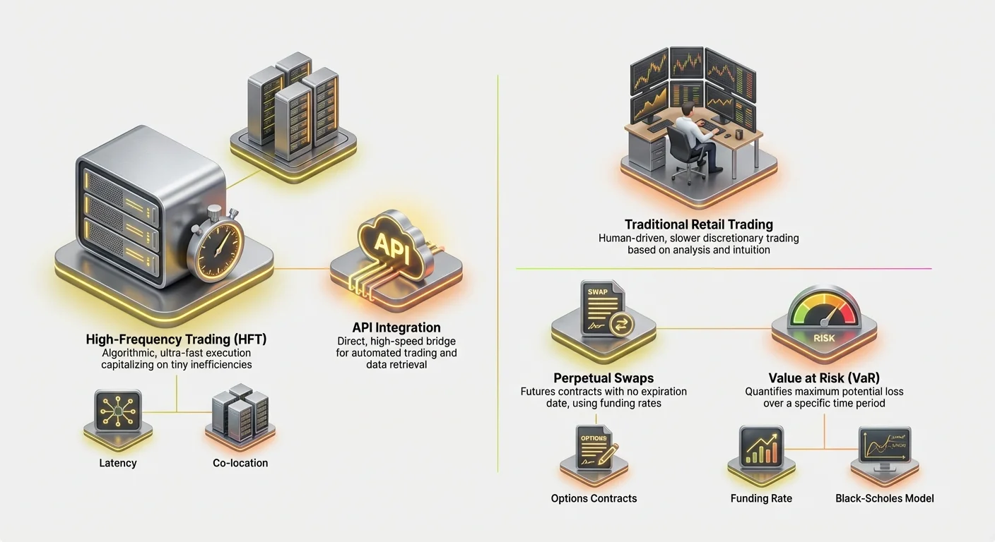 Infographic comparing high-frequency trading's algorithmic speed with traditional human-driven trading, plus breakdowns of key derivatives and risk metrics for crypto portfolios.