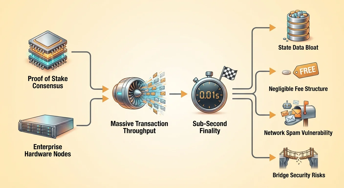 Cause-and-effect infographic showing Proof of Stake and enterprise hardware leading to massive throughput and sub-second finality, with state bloat, low fees, spam, and bridge risks.