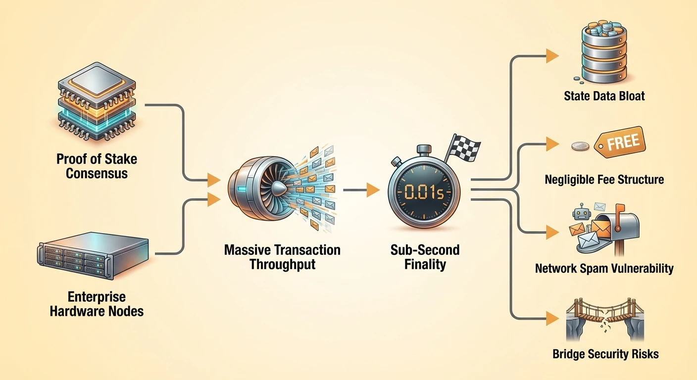 Cause-and-effect infographic showing Proof of Stake and enterprise hardware leading to massive throughput and sub-second finality, with state bloat, low fees, spam, and bridge risks.