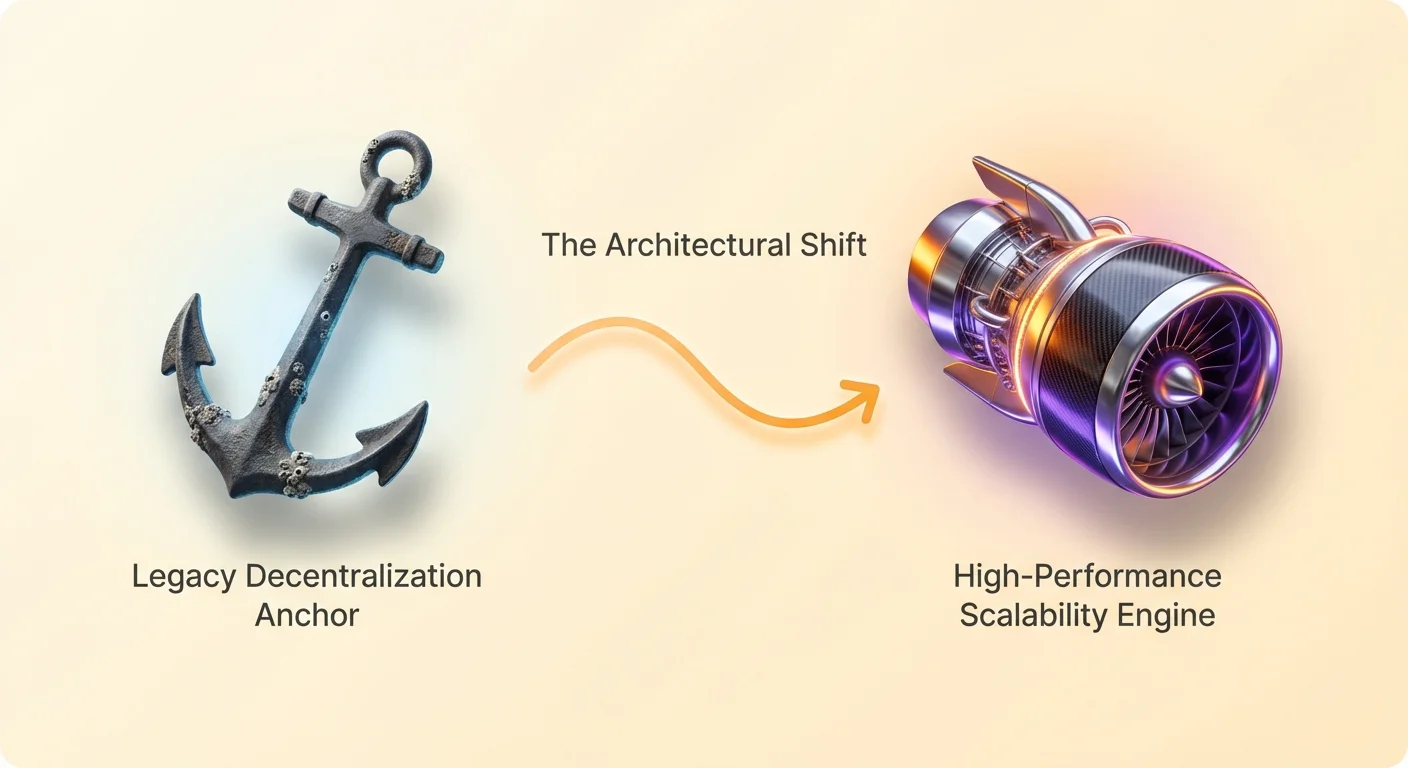 Infographic illustrating blockchain shift from heavy legacy decentralization anchor to powerful high-performance scalability engine, symbolizing architectural evolution.
