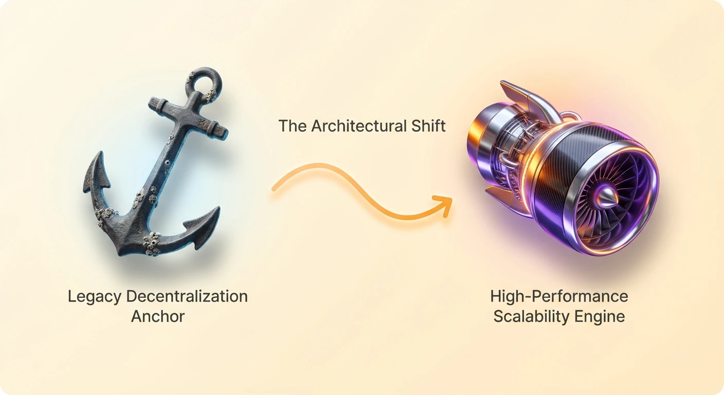 Infographic illustrating blockchain shift from heavy legacy decentralization anchor to powerful high-performance scalability engine, symbolizing architectural evolution.