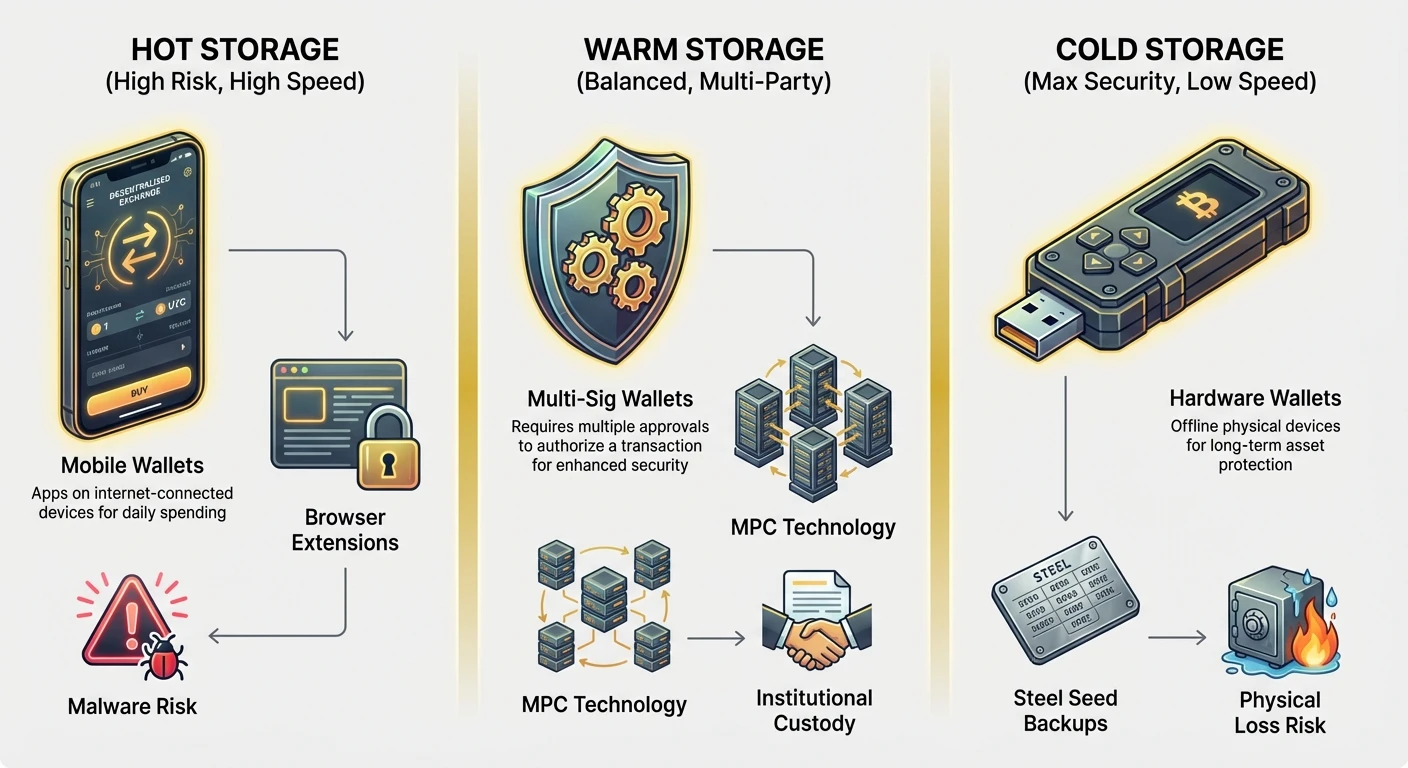 Detailed side-by-side infographic comparing hot, warm, and cold cryptocurrency storage methods, highlighting differences in speed, security, and typical use cases with trade-offs.