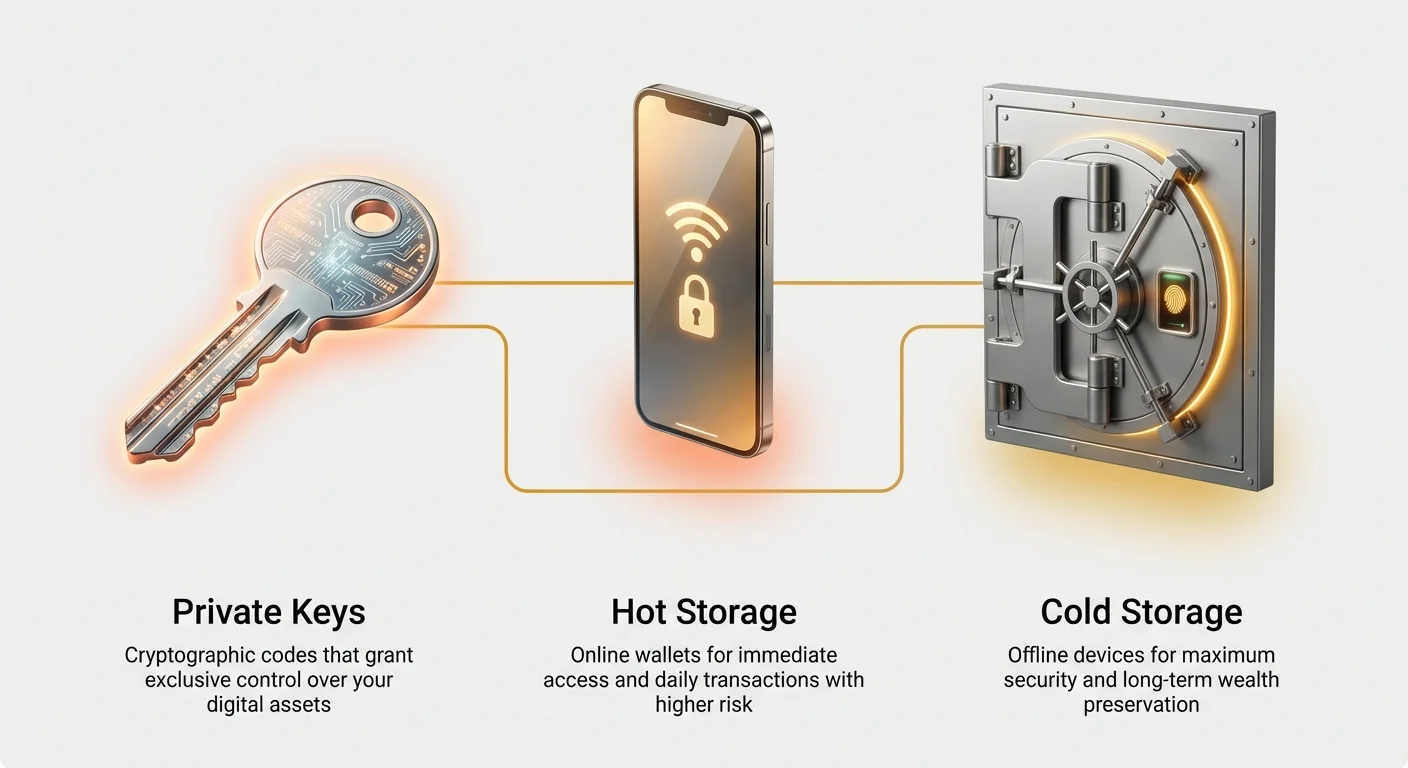 Simple infographic overview of cryptocurrency storage core components, showing hot and cold methods protect private keys.