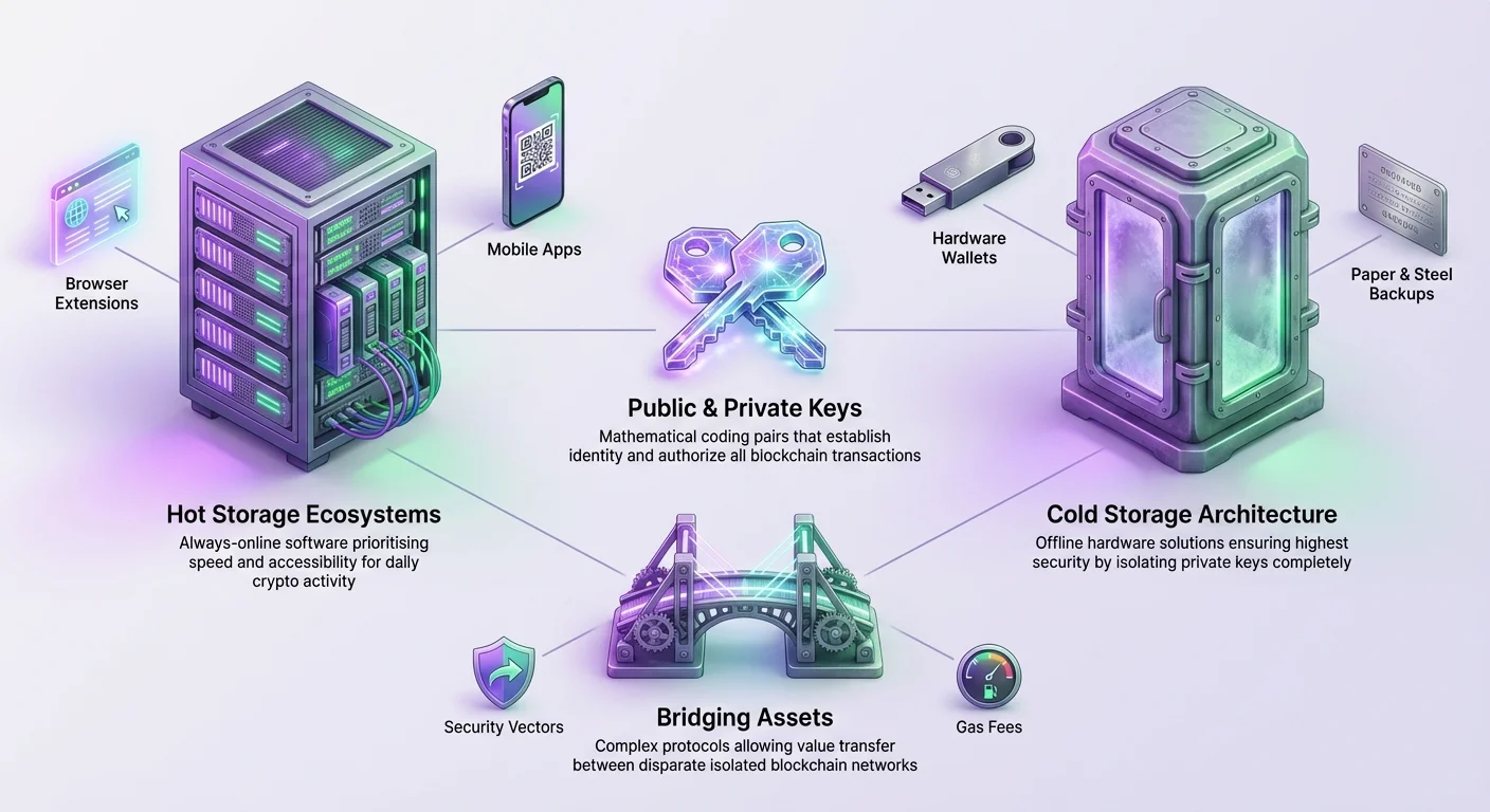 Infographic comparing hot (left, speed-focused online ecosystems) and cold (right, security-focused offline architecture) crypto wallets, connected centrally by private keys and asset bridging, with nodes for apps, hardware, and risks.