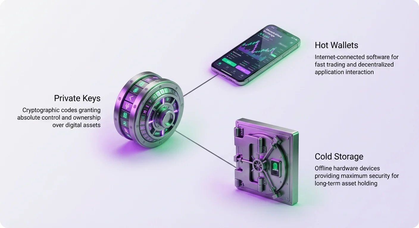 Infographic diagram with central private keys linking to hot wallets for online trading and cold storage for offline security in cryptocurrency.